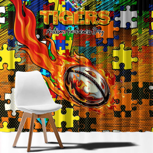 Tigers Autism Awareness Window Curtain Puzzle Flames Rugby Ball