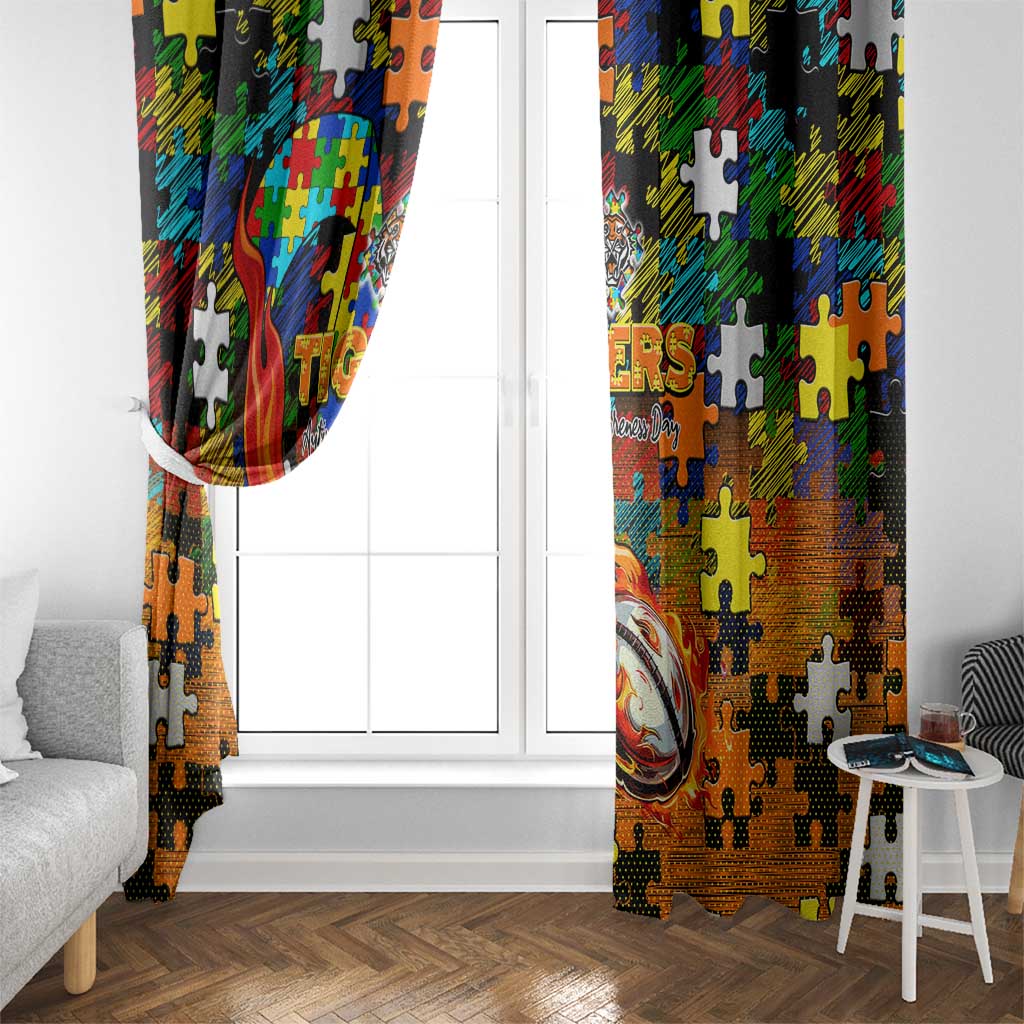 Tigers Autism Awareness Window Curtain Puzzle Flames Rugby Ball