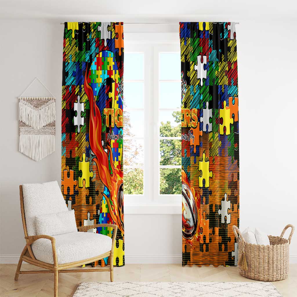 Tigers Autism Awareness Window Curtain Puzzle Flames Rugby Ball