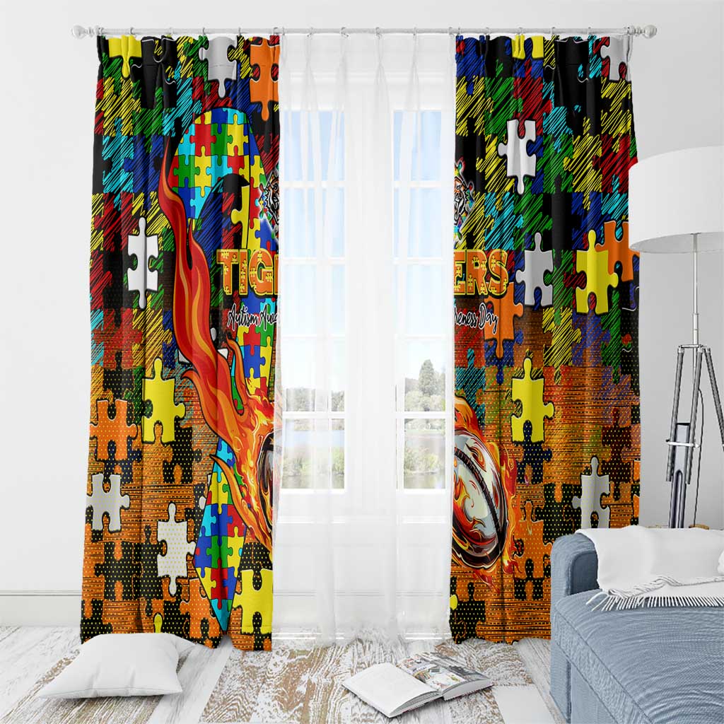 Tigers Autism Awareness Window Curtain Puzzle Flames Rugby Ball