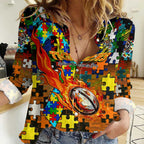 Tigers Autism Awareness Women Casual Shirt Puzzle Flames Rugby Ball