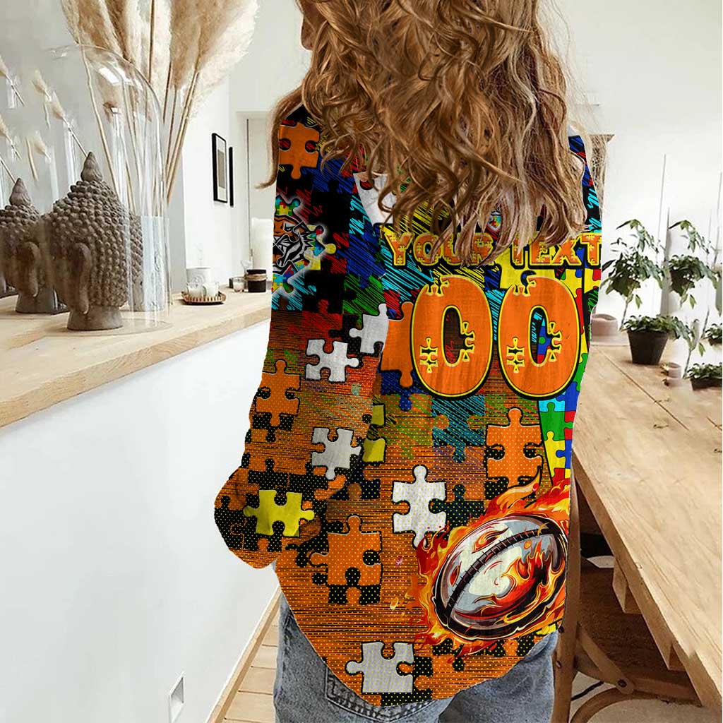 Tigers Autism Awareness Women Casual Shirt Puzzle Flames Rugby Ball