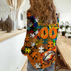 Tigers Autism Awareness Women Casual Shirt Puzzle Flames Rugby Ball