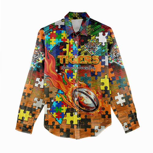 Tigers Autism Awareness Women Casual Shirt Puzzle Flames Rugby Ball