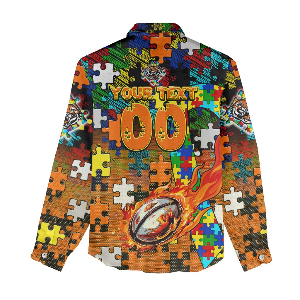 Tigers Autism Awareness Women Casual Shirt Puzzle Flames Rugby Ball