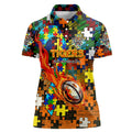 Tigers Autism Awareness Women Polo Shirt Puzzle Flames Rugby Ball