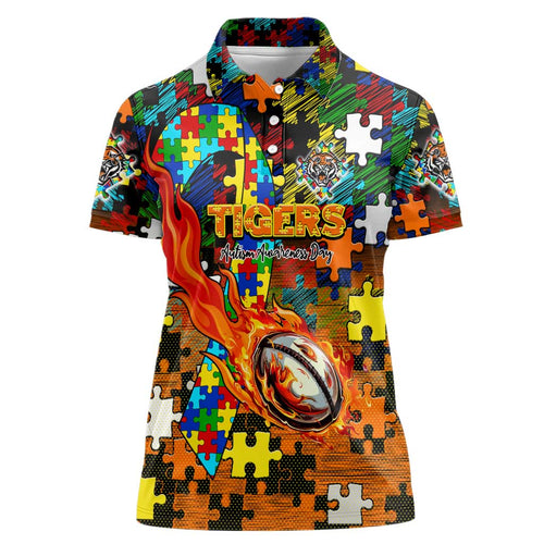 Tigers Autism Awareness Women Polo Shirt Puzzle Flames Rugby Ball