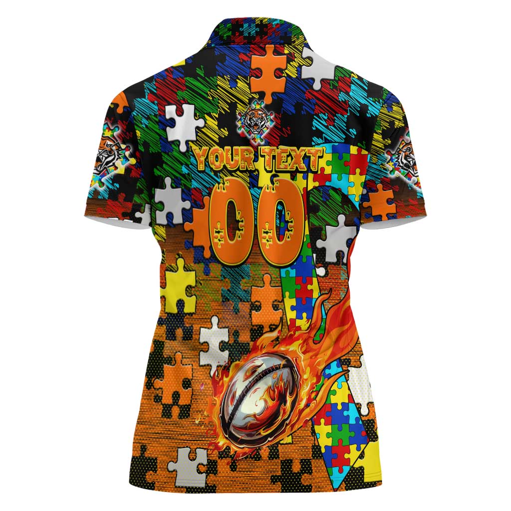 Tigers Autism Awareness Women Polo Shirt Puzzle Flames Rugby Ball