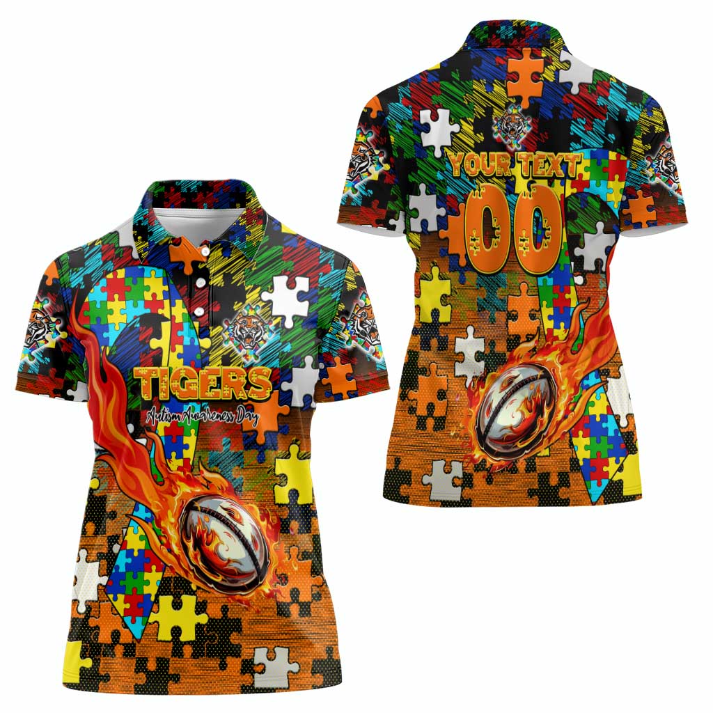 Tigers Autism Awareness Women Polo Shirt Puzzle Flames Rugby Ball