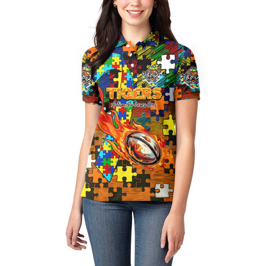 Tigers Autism Awareness Women Polo Shirt Puzzle Flames Rugby Ball