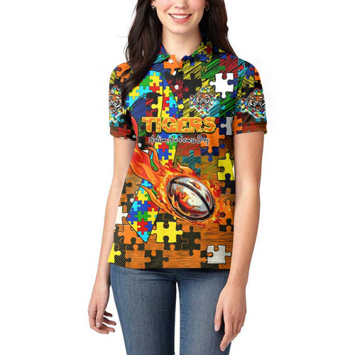 Tigers Autism Awareness Women Polo Shirt Puzzle Flames Rugby Ball