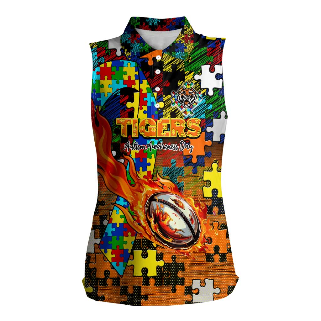 Tigers Autism Awareness Women Sleeveless Polo Shirt Puzzle Flames Rugby Ball