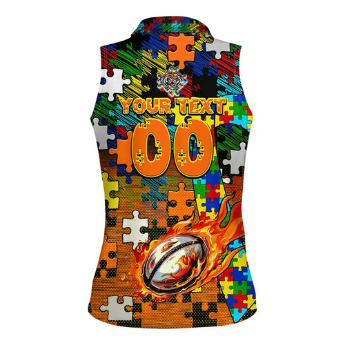 Tigers Autism Awareness Women Sleeveless Polo Shirt Puzzle Flames Rugby Ball