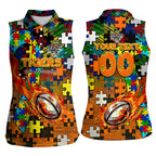 Tigers Autism Awareness Women Sleeveless Polo Shirt Puzzle Flames Rugby Ball