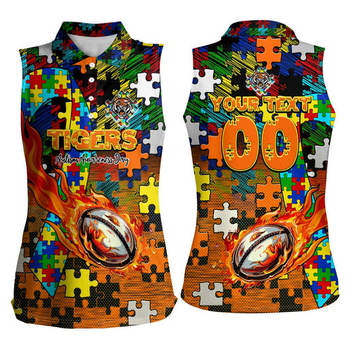 Tigers Autism Awareness Women Sleeveless Polo Shirt Puzzle Flames Rugby Ball