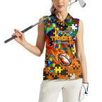 Tigers Autism Awareness Women Sleeveless Polo Shirt Puzzle Flames Rugby Ball