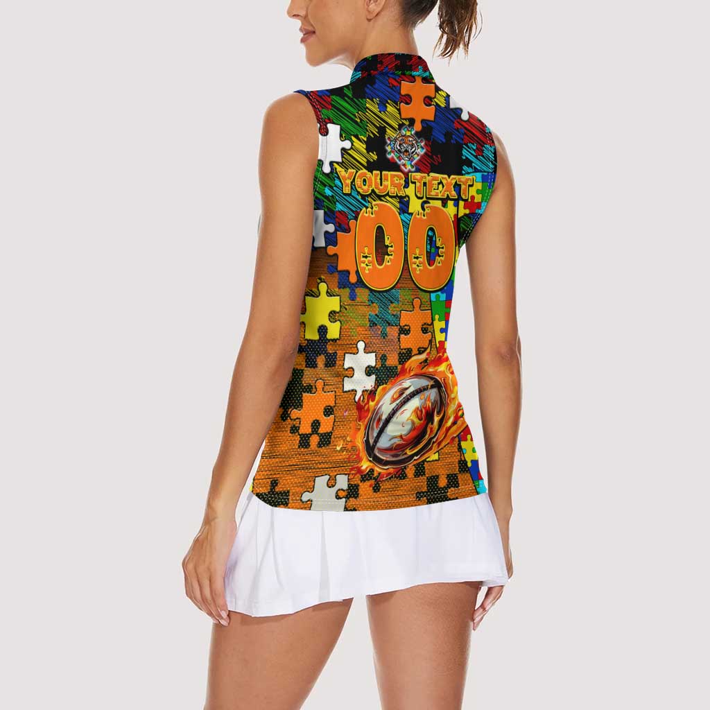 Tigers Autism Awareness Women Sleeveless Polo Shirt Puzzle Flames Rugby Ball