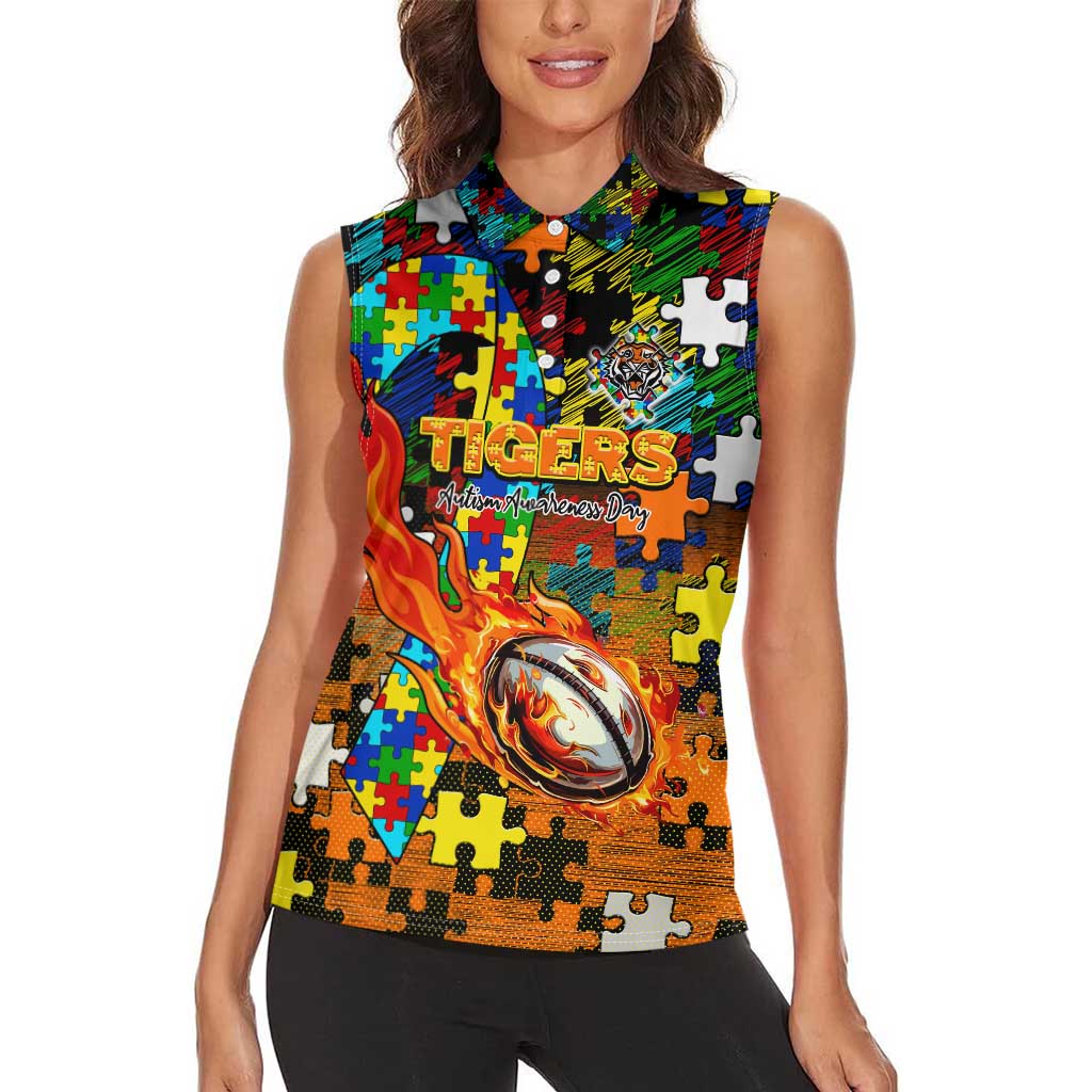 Tigers Autism Awareness Women Sleeveless Polo Shirt Puzzle Flames Rugby Ball