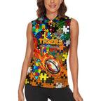 Tigers Autism Awareness Women Sleeveless Polo Shirt Puzzle Flames Rugby Ball