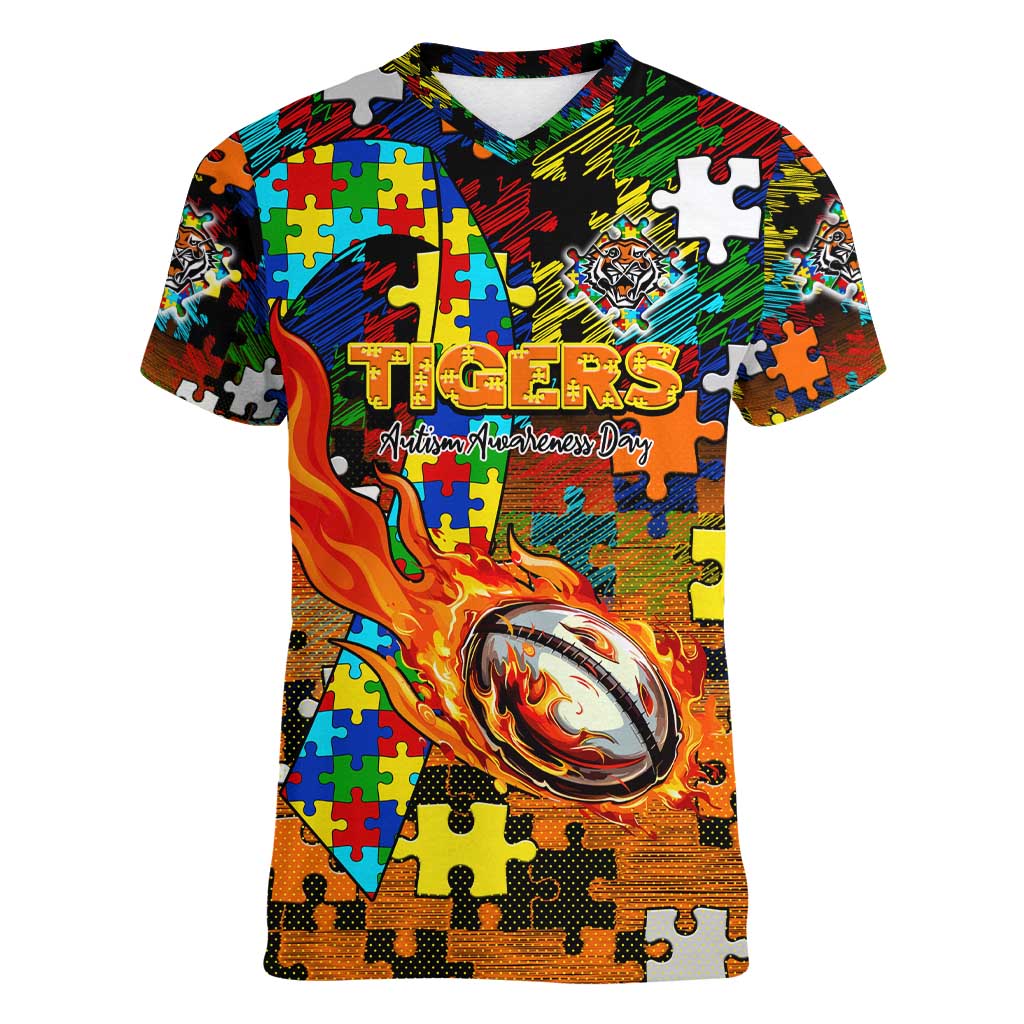 Tigers Autism Awareness Women V-Neck T-Shirt Puzzle Flames Rugby Ball