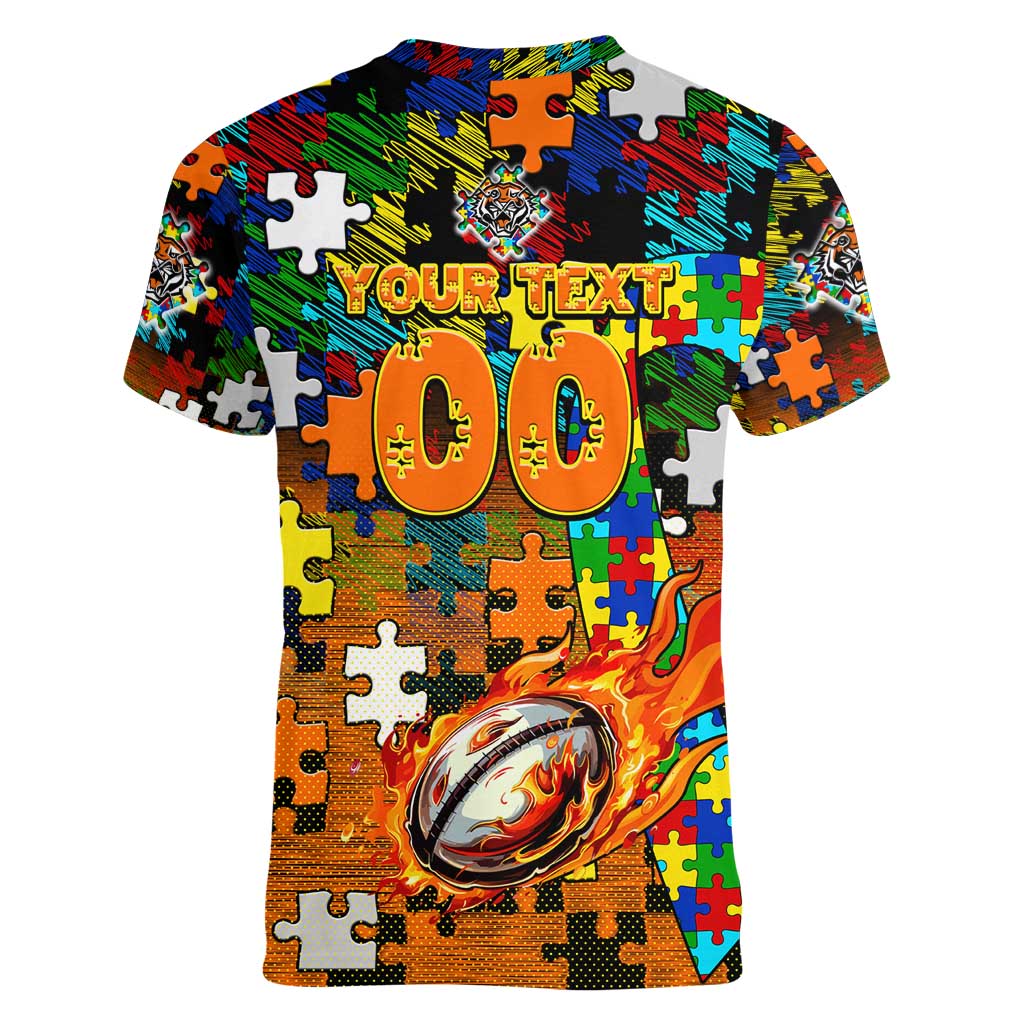 Tigers Autism Awareness Women V-Neck T-Shirt Puzzle Flames Rugby Ball