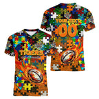 Tigers Autism Awareness Women V-Neck T-Shirt Puzzle Flames Rugby Ball