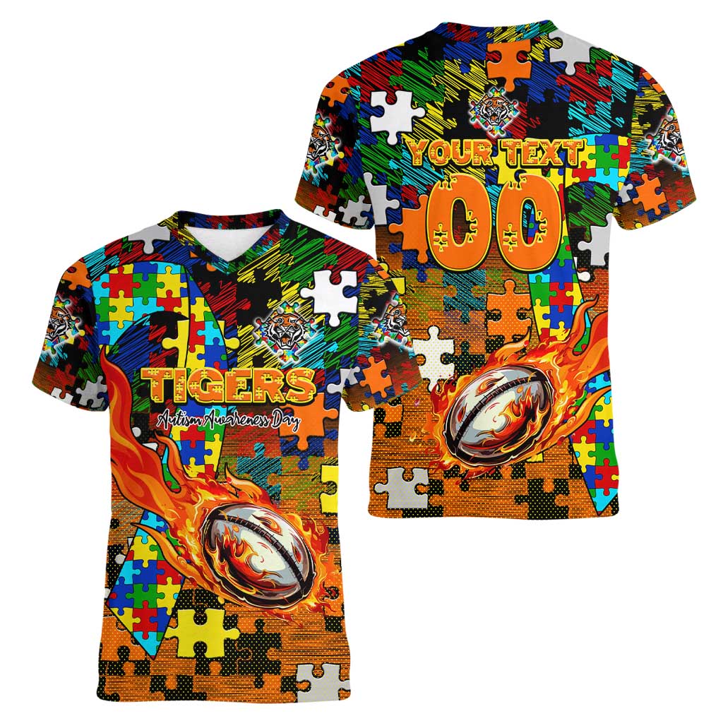 Tigers Autism Awareness Women V-Neck T-Shirt Puzzle Flames Rugby Ball