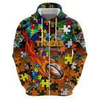 Tigers Autism Awareness Zip Hoodie Puzzle Flames Rugby Ball