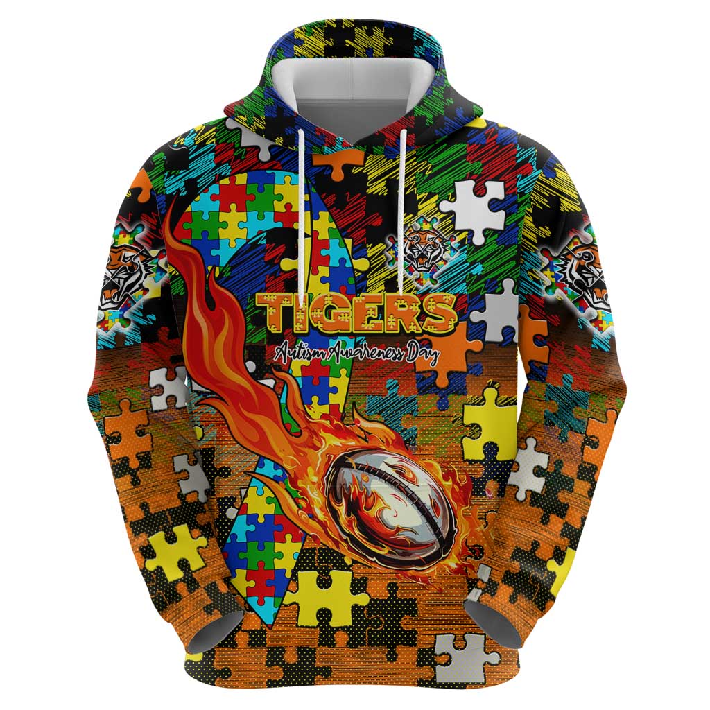 Tigers Autism Awareness Zip Hoodie Puzzle Flames Rugby Ball