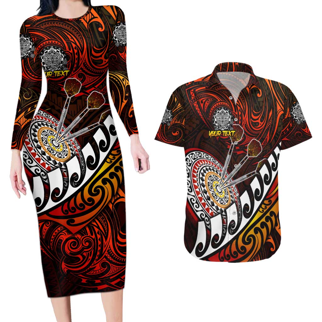 Personalised Fern Maori Darts Couples Matching Long Sleeve Bodycon Dress and Hawaiian Shirt New Zealand Darts