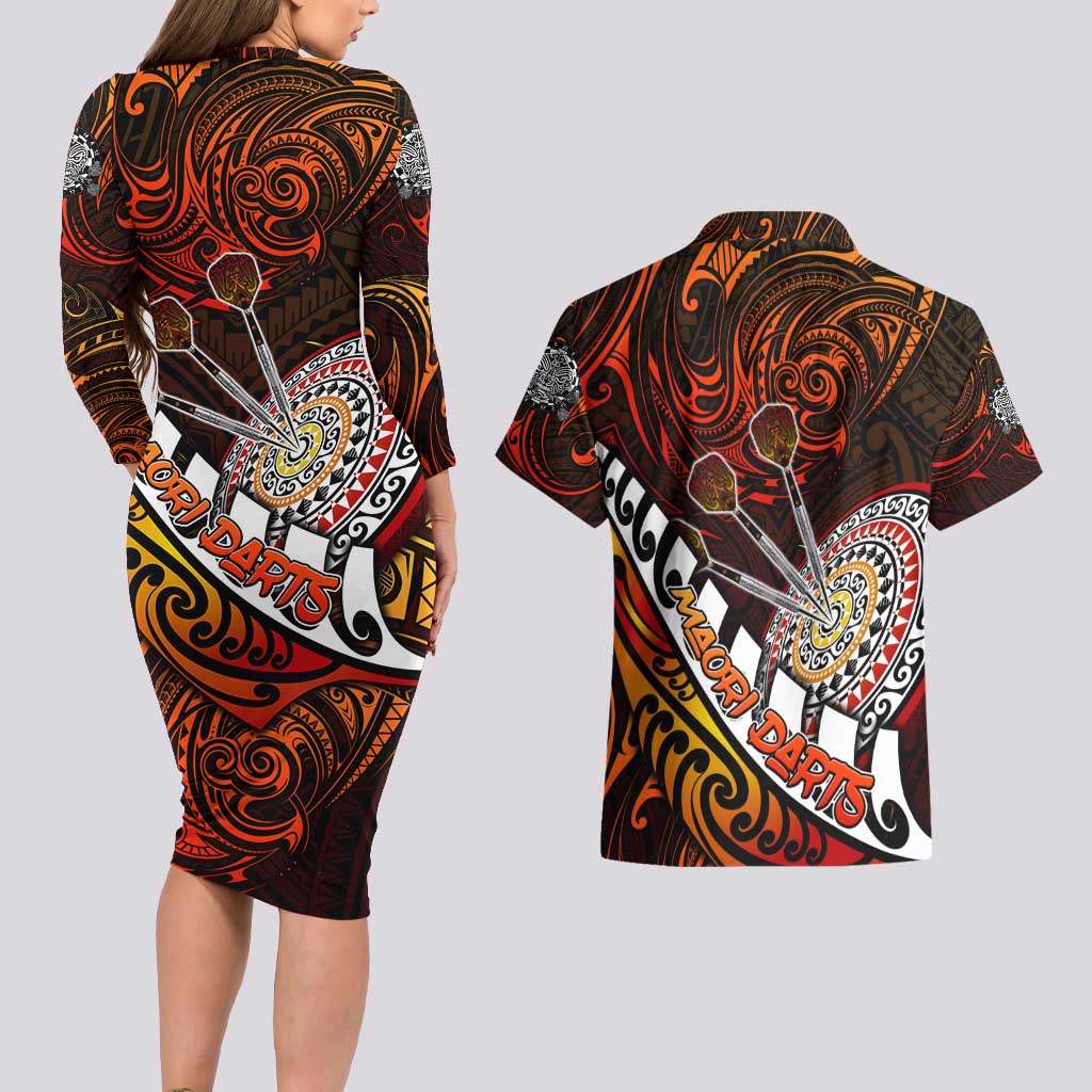 Personalised Fern Maori Darts Couples Matching Long Sleeve Bodycon Dress and Hawaiian Shirt New Zealand Darts