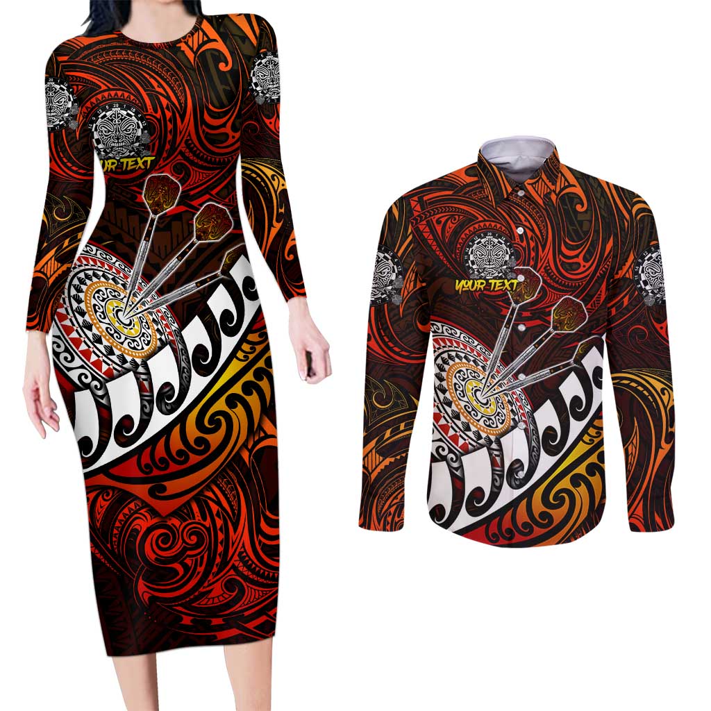 Personalised Fern Maori Darts Couples Matching Long Sleeve Bodycon Dress and Long Sleeve Button Shirt New Zealand Darts