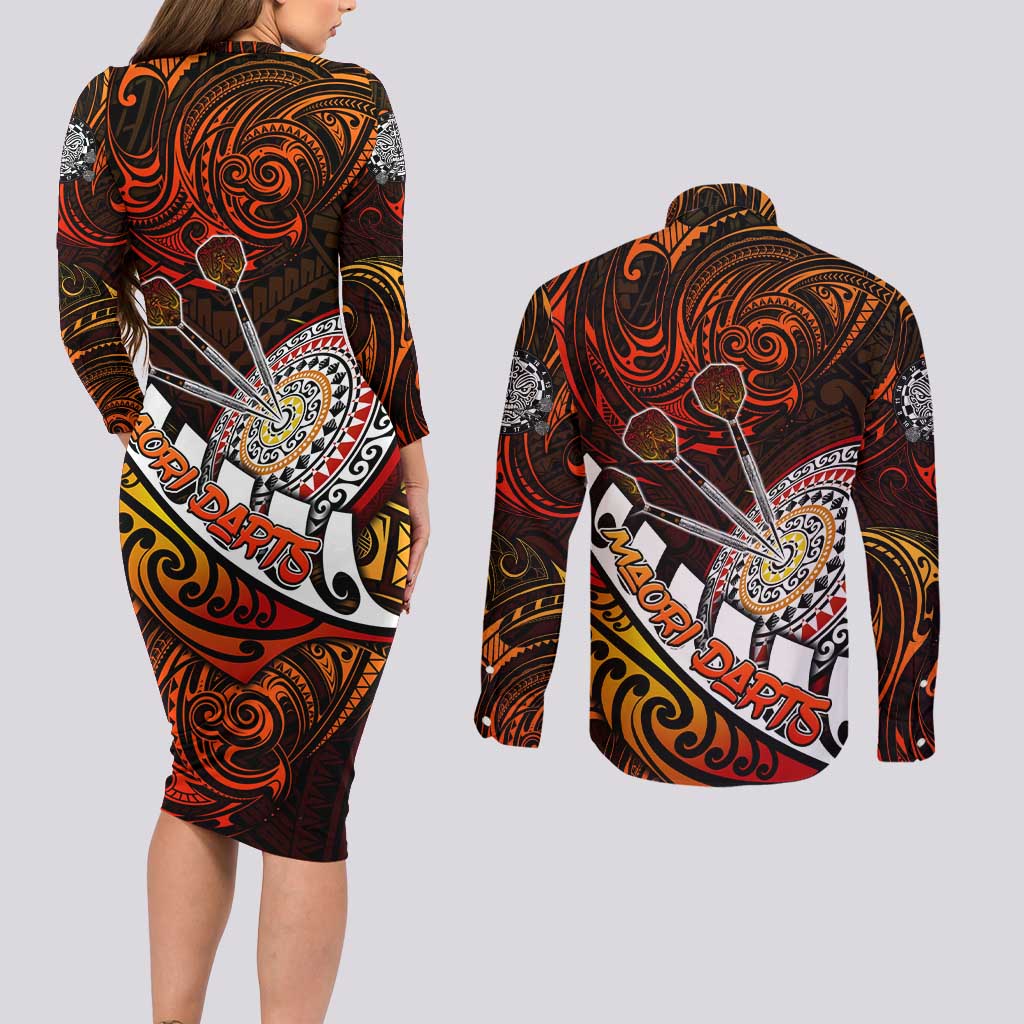 Personalised Fern Maori Darts Couples Matching Long Sleeve Bodycon Dress and Long Sleeve Button Shirt New Zealand Darts