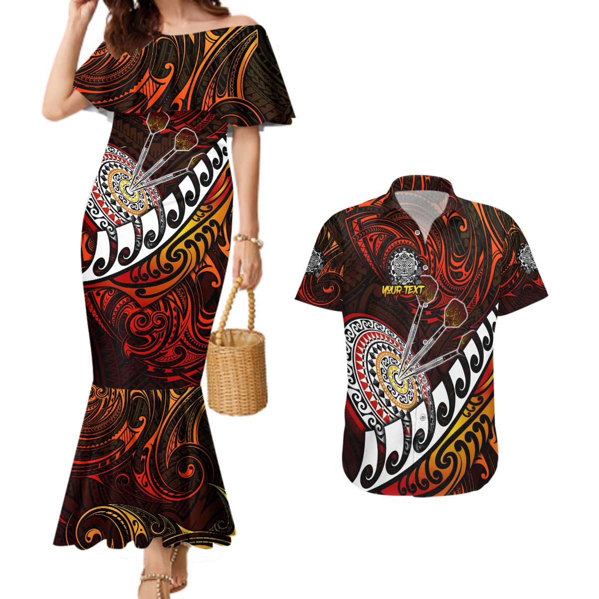 Personalised Fern Maori Darts Couples Matching Mermaid Dress and Hawaiian Shirt New Zealand Darts