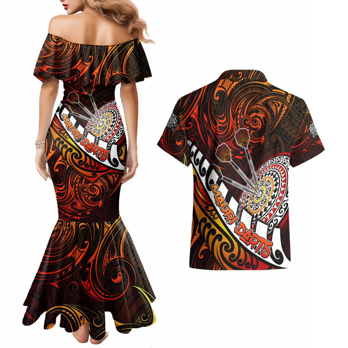 Personalised Fern Maori Darts Couples Matching Mermaid Dress and Hawaiian Shirt New Zealand Darts