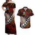 Personalised Fern Maori Darts Couples Matching Off Shoulder Maxi Dress and Hawaiian Shirt New Zealand Darts