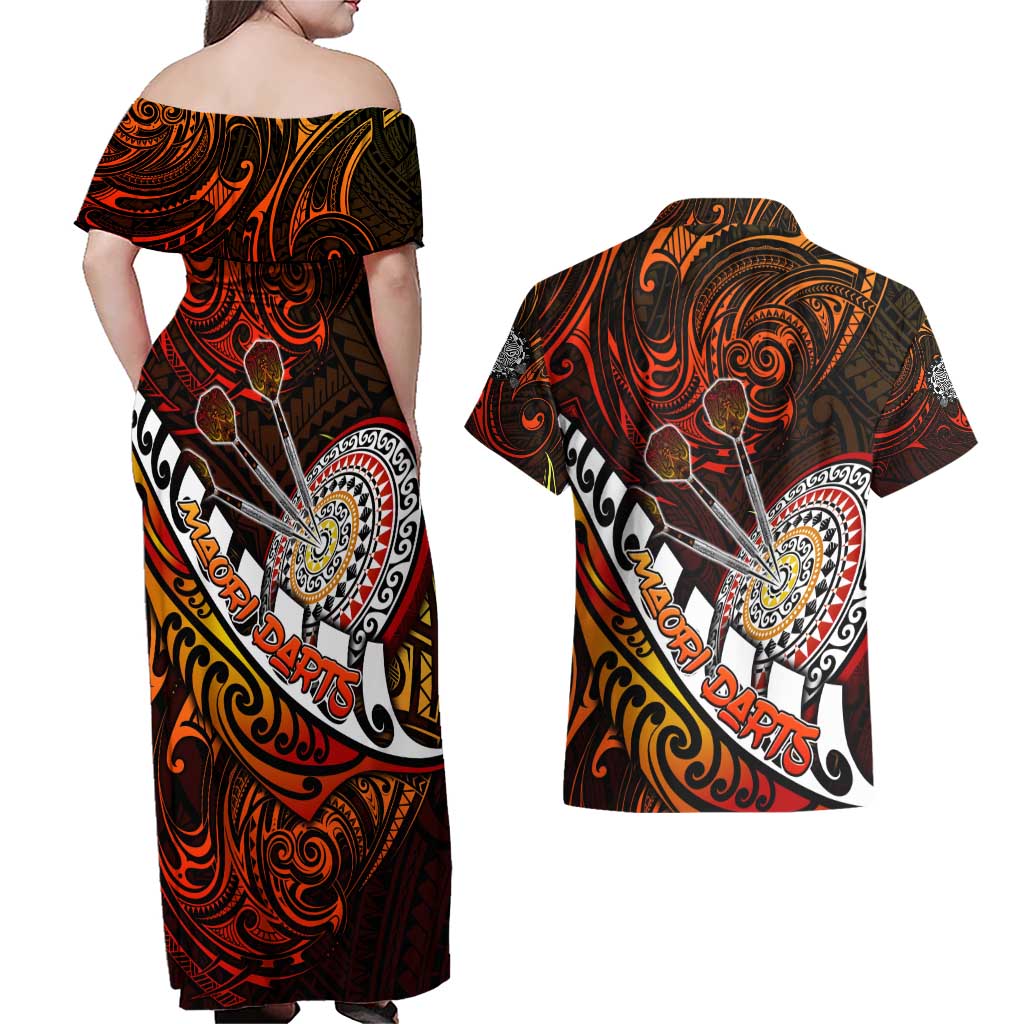 Personalised Fern Maori Darts Couples Matching Off Shoulder Maxi Dress and Hawaiian Shirt New Zealand Darts