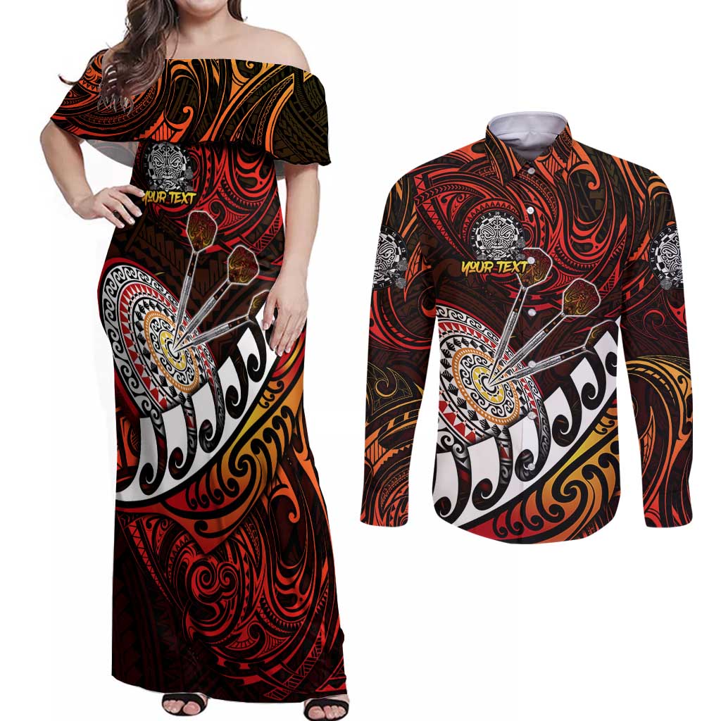 Personalised Fern Maori Darts Couples Matching Off Shoulder Maxi Dress and Long Sleeve Button Shirt New Zealand Darts