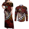 Personalised Fern Maori Darts Couples Matching Off Shoulder Maxi Dress and Long Sleeve Button Shirt New Zealand Darts