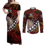 Personalised Fern Maori Darts Couples Matching Off Shoulder Maxi Dress and Long Sleeve Button Shirt New Zealand Darts