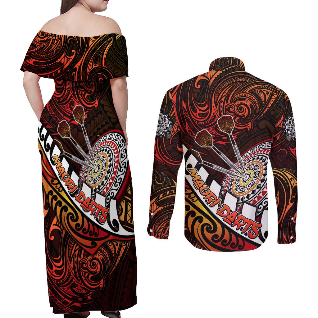 Personalised Fern Maori Darts Couples Matching Off Shoulder Maxi Dress and Long Sleeve Button Shirt New Zealand Darts