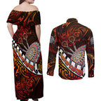 Personalised Fern Maori Darts Couples Matching Off Shoulder Maxi Dress and Long Sleeve Button Shirt New Zealand Darts