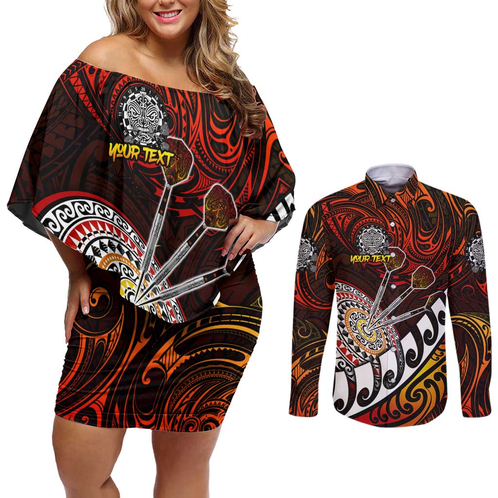 Personalised Fern Maori Darts Couples Matching Off Shoulder Short Dress and Long Sleeve Button Shirt New Zealand Darts