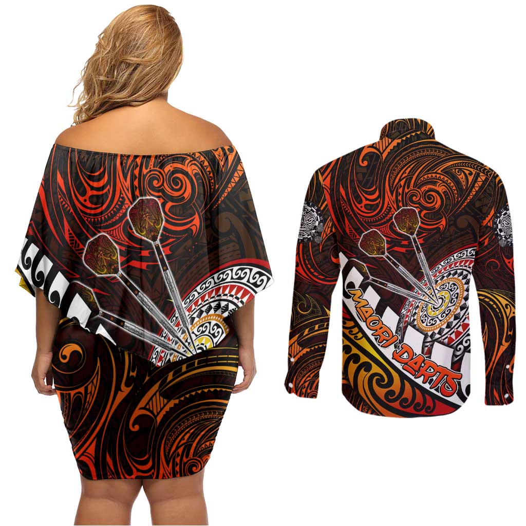 Personalised Fern Maori Darts Couples Matching Off Shoulder Short Dress and Long Sleeve Button Shirt New Zealand Darts