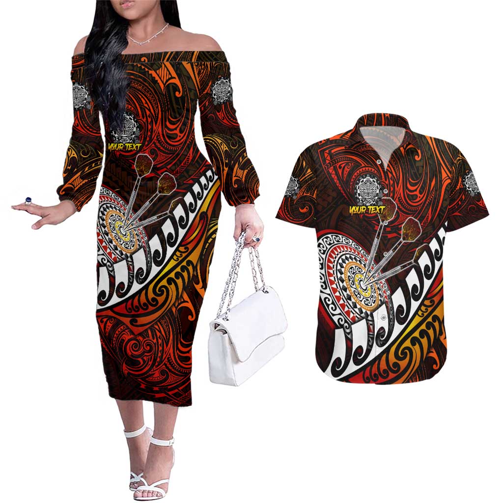 Personalised Fern Maori Darts Couples Matching Off The Shoulder Long Sleeve Dress and Hawaiian Shirt New Zealand Darts
