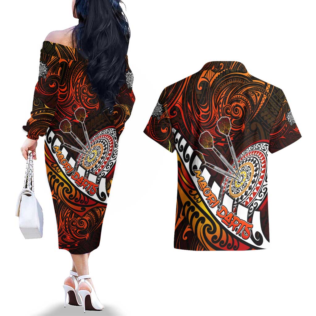 Personalised Fern Maori Darts Couples Matching Off The Shoulder Long Sleeve Dress and Hawaiian Shirt New Zealand Darts