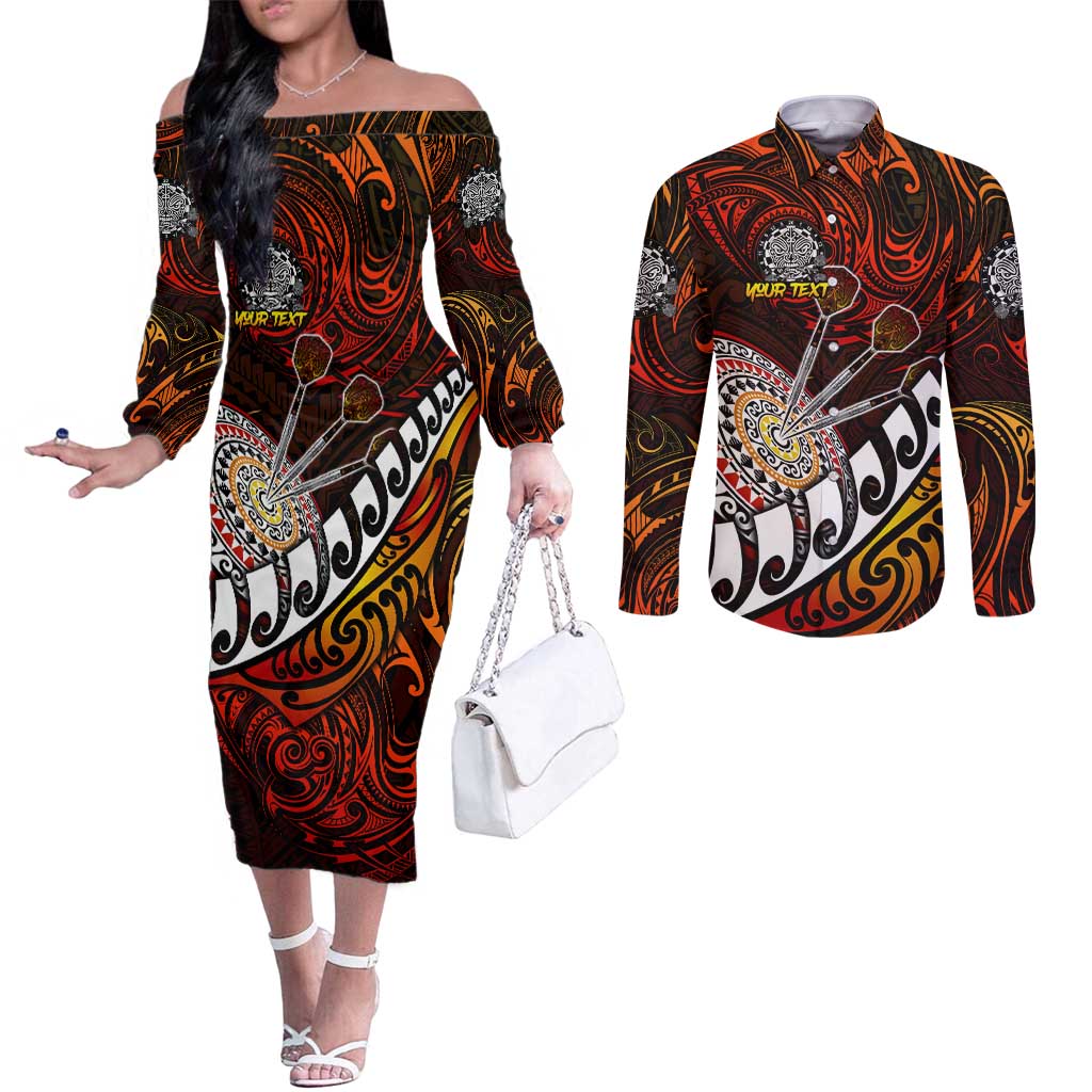 Personalised Fern Maori Darts Couples Matching Off The Shoulder Long Sleeve Dress and Long Sleeve Button Shirt New Zealand Darts