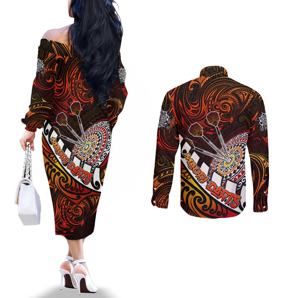 Personalised Fern Maori Darts Couples Matching Off The Shoulder Long Sleeve Dress and Long Sleeve Button Shirt New Zealand Darts