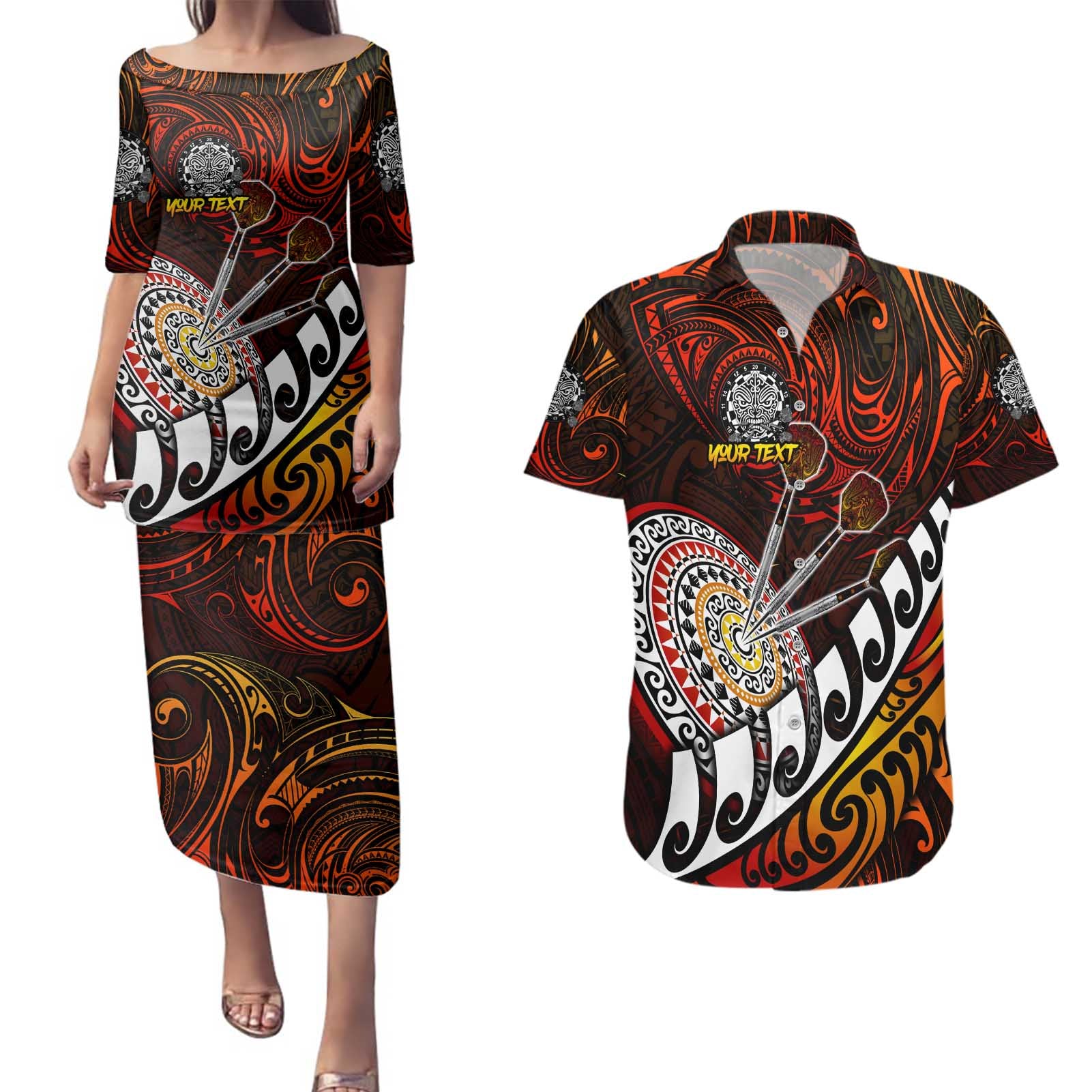 Personalised Fern Maori Darts Couples Matching Puletasi and Hawaiian Shirt New Zealand Darts