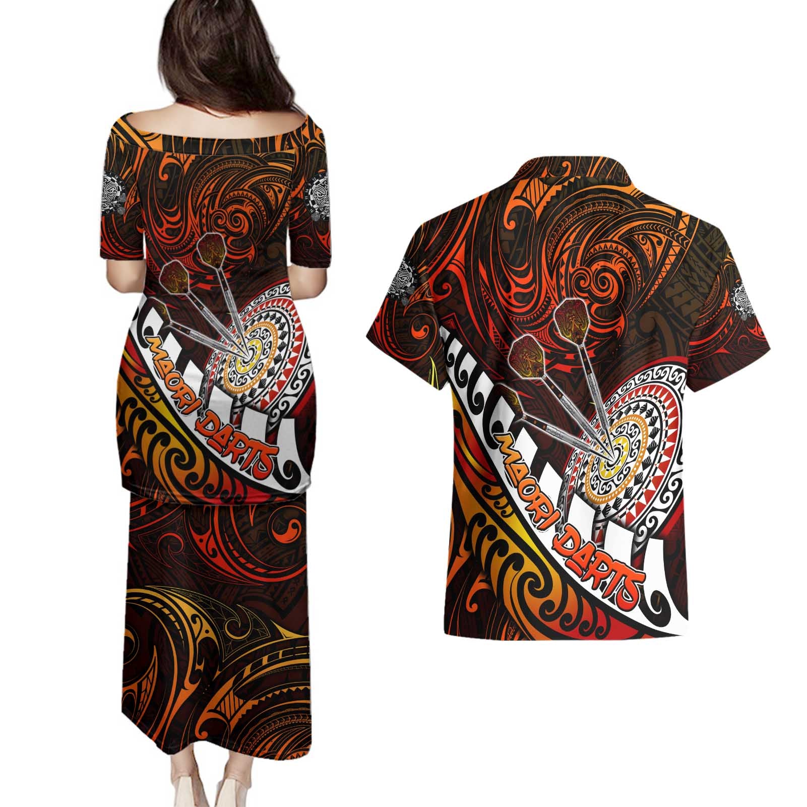 Personalised Fern Maori Darts Couples Matching Puletasi and Hawaiian Shirt New Zealand Darts